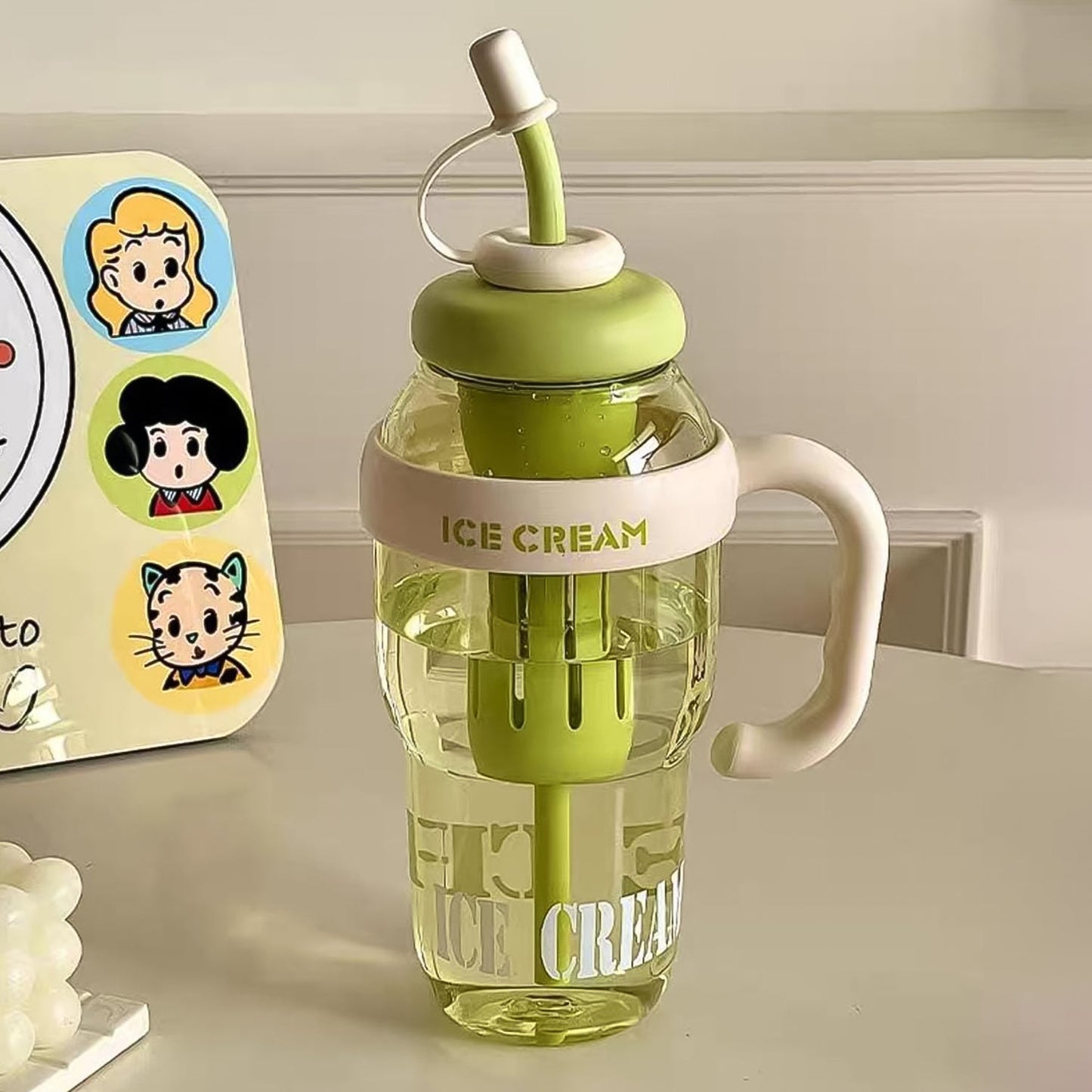 1300ml large capacity cute ice cream themed water bottle with handle, straw