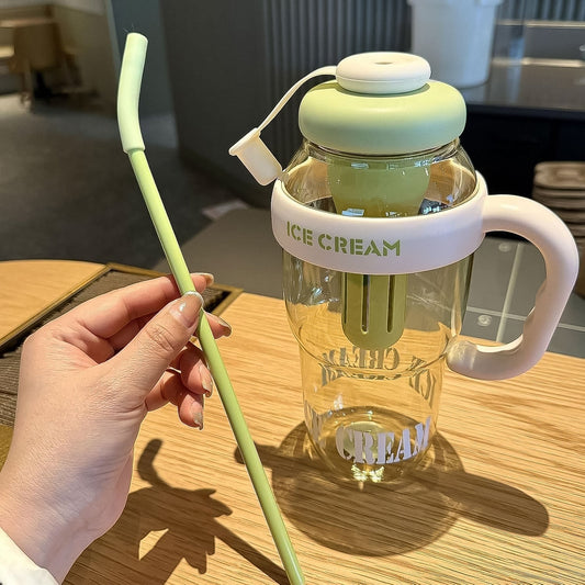 1300ml large capacity cute ice cream themed water bottle with handle, straw