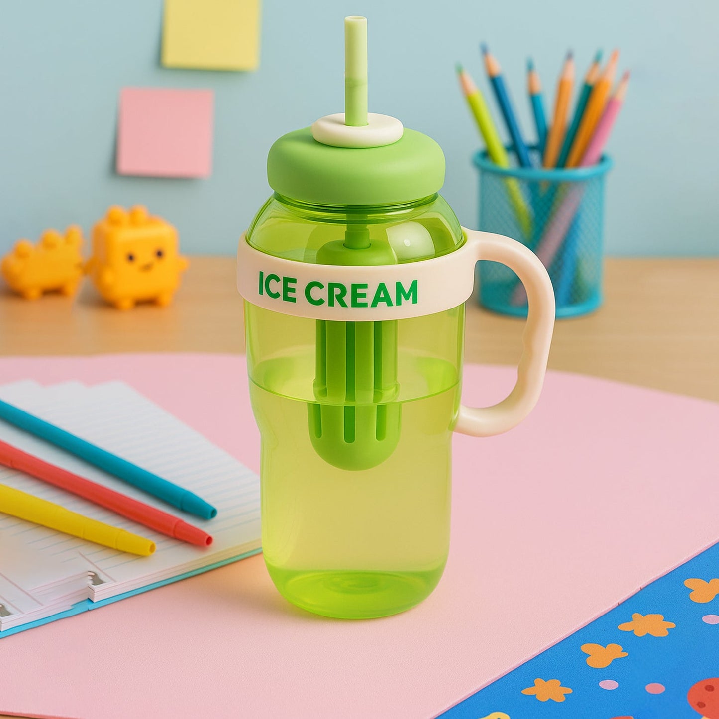 1300ml large capacity cute ice cream themed water bottle with handle, straw