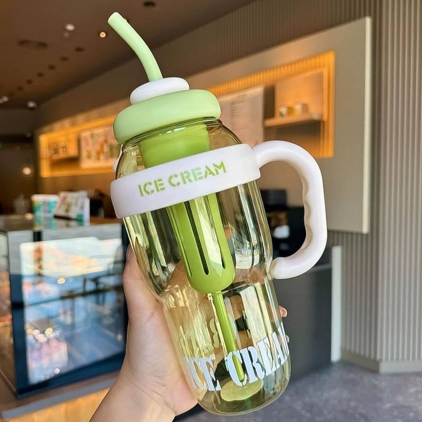 1300ml large capacity cute ice cream themed water bottle with handle, straw